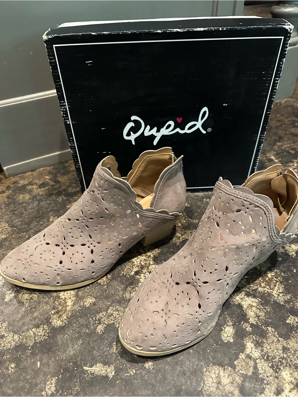 Qupid Taupe Laser-Cut Suede Ankle Booties